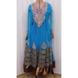 Indian style embroidered dress, turquoise, net, with heavy beading and braid detail and matching