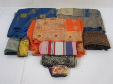 Three Sari (Saree) silks, orange heavily embroidered border in gold-coloured thread, taupe silk with