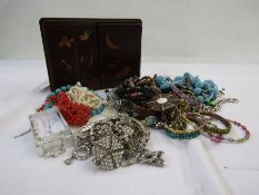 Assorted beaded necklaces, bangles, earrings and diamante bracelets and brooches as well as pearl