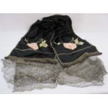 Victorian black satin table runner embroidered with roses in silk, trimmed with faded gold-