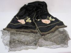 Victorian black satin table runner embroidered with roses in silk, trimmed with faded gold-