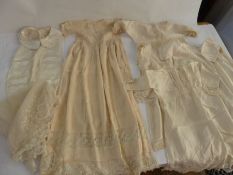 A vintage silk/bib front shirt,a lace fichu , lace and silk christening gown with petticoats,