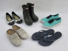 Assorted shoes and boots, including Calvin Klein leather snakeskin slip-ons, Hunter heeled rain