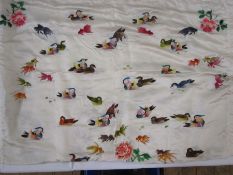 Chinese embroidered silk cloth depicting various types of duck, with peonies in the central design