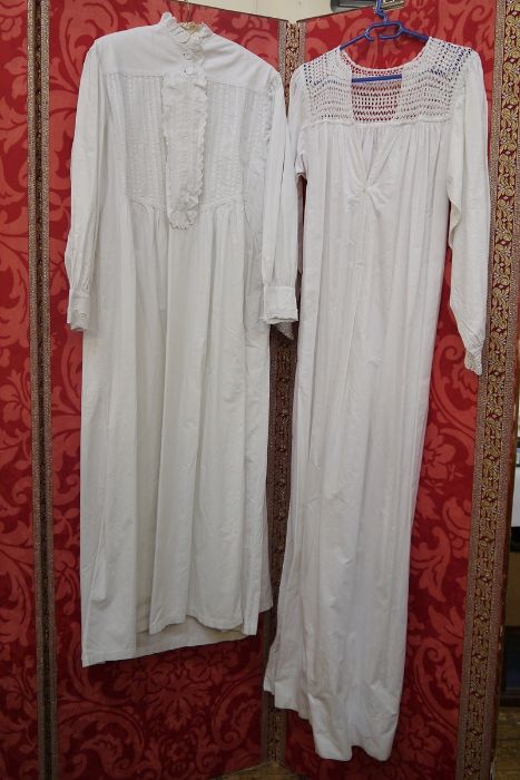 Four Victorian nightgowns one with pintucked bodice embroidered and button front fastening with - Image 2 of 2