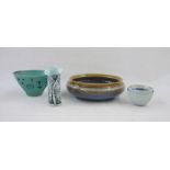 Collection of studio pottery including blue cylindrical textured vase with green, purple and blue