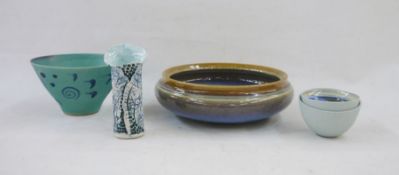 Collection of studio pottery including blue cylindrical textured vase with green, purple and blue