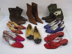 Assorted designer shoes including Hermes suede ankle boots, two pairs of Russell & Bromley wedges/