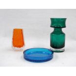 Three decorative glass pieces including; Oiva Toikka blue glass ashtray (15cm wide), Whitefriars