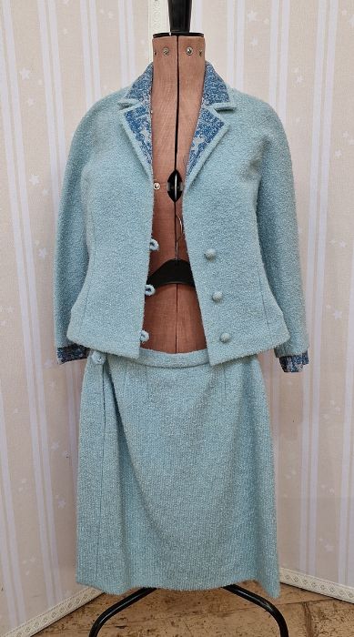 Vintage boucle wool suit labelled Tricosa, lurex detail to the collar, loop and button fastening,