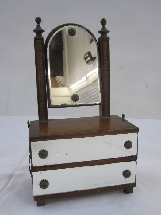 Vintage miniature dressing table mirrored jewellery box, the arched-top bevel plate mirror on