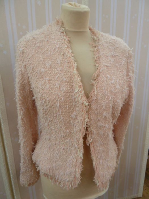 Chris Clyne Collection Pink boucle jacket, Chanel style, fringed edges, ( lacking belt) size 8,