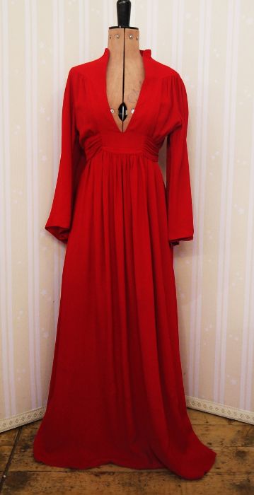 Ossie Clark for Radley moss crepe red dress, deep plunging front, empire line with tie-back, angel