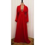 Ossie Clark for Radley moss crepe red dress, deep plunging front, empire line with tie-back, angel