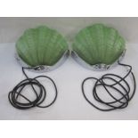 Pair of 1930's Art Deco-style wall lights, the green glass shades in the form of clams, on a chromed