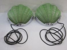 Pair of 1930's Art Deco-style wall lights, the green glass shades in the form of clams, on a chromed