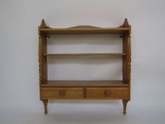 Ercol elm wall rack with three shelves above two drawers (69cm wide x 82cm tall x 16cm deep)