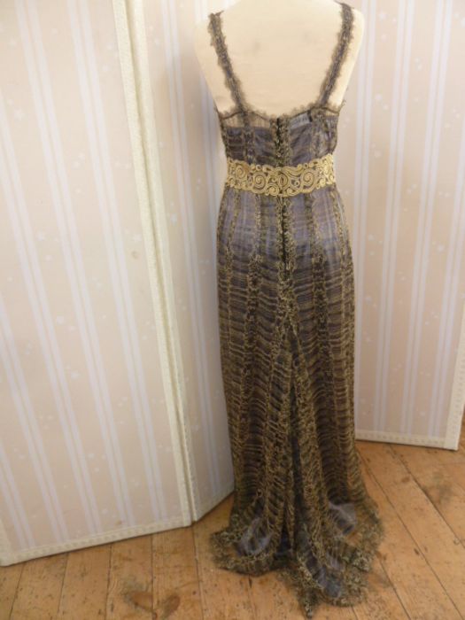 Chris Clyne Collection Gold and black lace over grey silk evening gown, empire waist with deep - Image 2 of 3