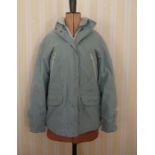 Blue Barbour jacket, a khaki-coloured anorak/jacket with draw-string waist, faux fur trimmed hood