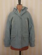 Blue Barbour jacket, a khaki-coloured anorak/jacket with draw-string waist, faux fur trimmed hood