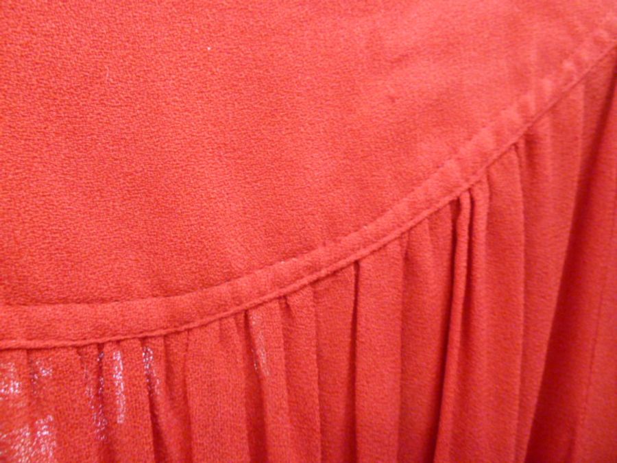 Ossie Clark for Radley moss crepe red dress, deep plunging front, empire line with tie-back, angel - Image 6 of 8