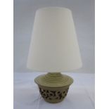 20th century lamp with studio pottery-style pierced base and cream shade