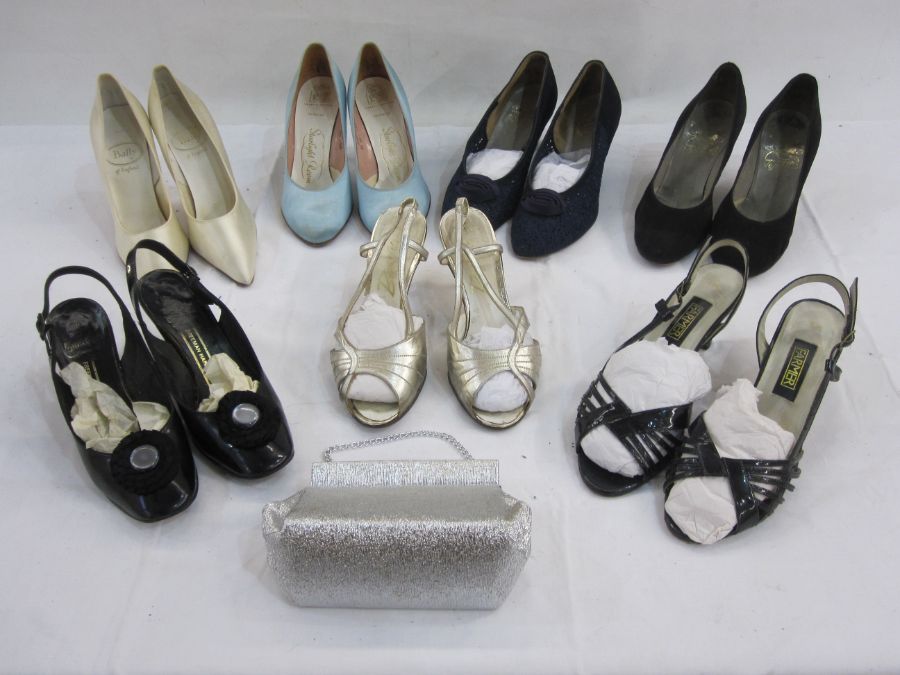 Nine pairs of womens vintage shoes including pair ballet cream silk, blue heels, a silver clutch bag