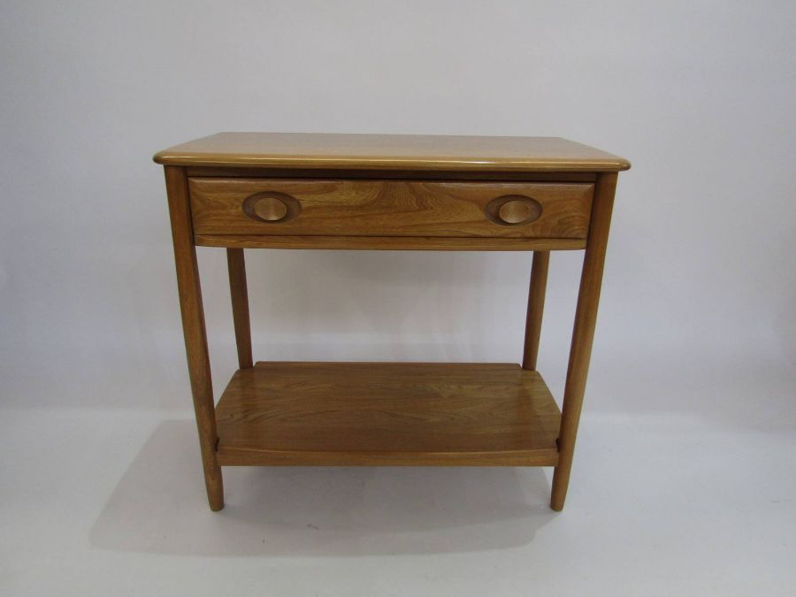 Ercol elm single drawer side table with undershelf (80cm wide x 71cm tall x 41cm deep)