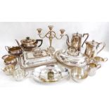 Electroplated wares to include teapot, candelabra, tureens, flatware, etc (2 boxes)