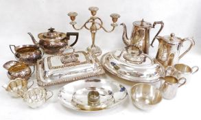 Electroplated wares to include teapot, candelabra, tureens, flatware, etc (2 boxes)