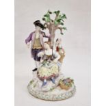19th century Meissen porcelain figure group of family picking fruit and flowers beside tree, the man