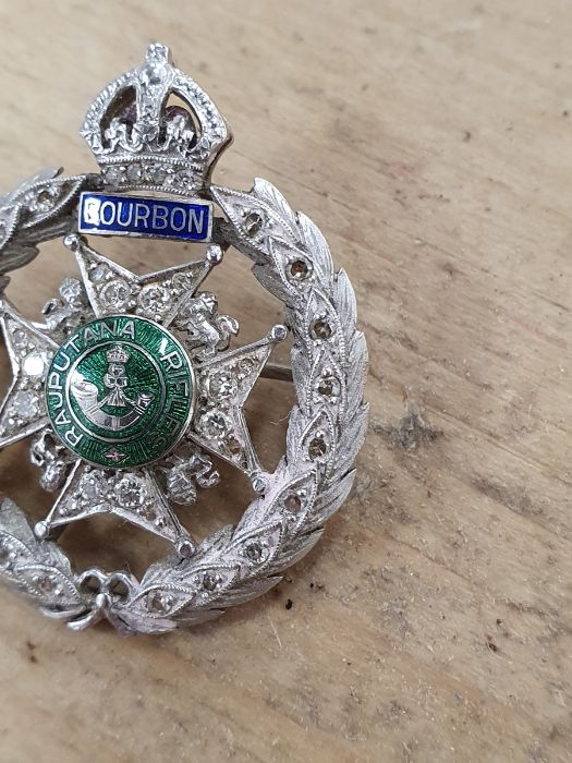 White metal, diamond and enamel regimental brooch, “Rajputana Rifles, Bourbon”, the wreath border - Image 4 of 7