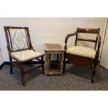 19th century mahogany bar-back commode chair, nest of three oak tables and a further chair (3)