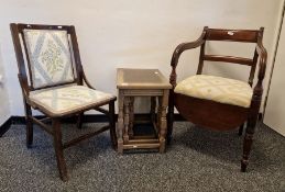 19th century mahogany bar-back commode chair, nest of three oak tables and a further chair (3)
