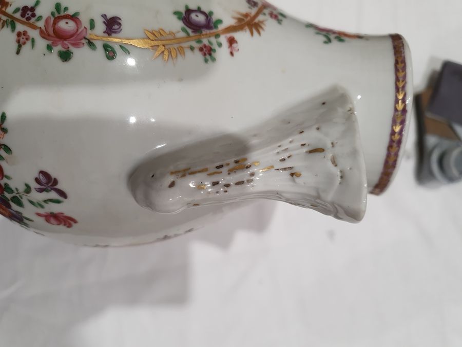 Chinese export porcelain covered jug of baluster shape with shell spout, all painted in famille rose - Image 11 of 42