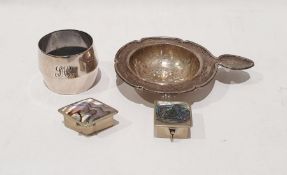 Silver tea strainer, a silver napkin ring and two mother-of-pearl topped boxes marked 'Mexico