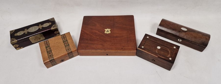 Collection of five wooden boxes, one with hinged lid, copper edge, detailed corners and jade - Image 2 of 5