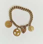 9ct gold curb-link bracelet with padlock clasp, with 1911 sovereign with hole, 54.6g total approx.