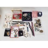 Several earrings, brooches, charm bracelets, ammonite pendant, various watches and some silver etc.