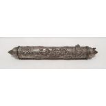 Eastern white metal scroll case with embossed decoration, 33cm