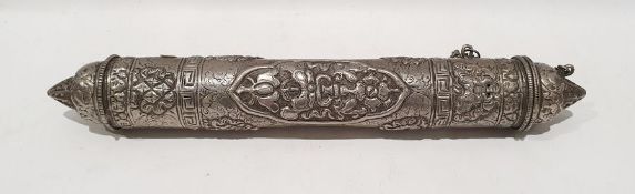 Eastern white metal scroll case with embossed decoration, 33cm