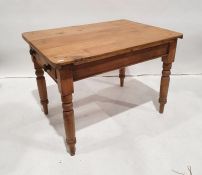 20th century pine breakfast table, the rectangular top with rounded corners, single drawer above