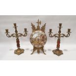 Pair of brass and treen three branch candelabra on circular base with scroll decoration, 43cm
