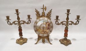 Pair of brass and treen three branch candelabra on circular base with scroll decoration, 43cm