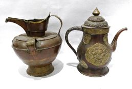 19th century or later Tibetan "Monk's cap" copper ewer and a Tibetan copper and brass fitted teapot.