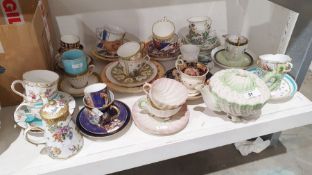 Belleek shell teapot, two cups and saucers, quantity of various cabinet cups and saucers and other