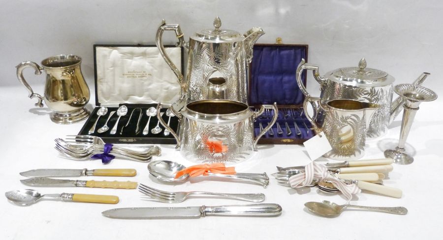 Electroplated wares to include teapot, hot water jug, flatware, etc (1 box)