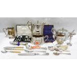 Electroplated wares to include teapot, hot water jug, flatware, etc (1 box)