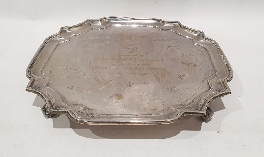 George V silver salver of shaped form and marked 'Presented to LIUET F. E. F. Cuerden bt the