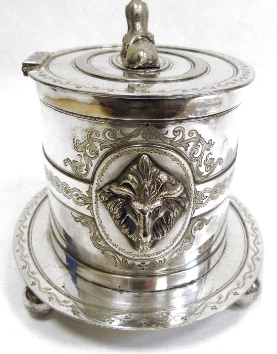 Electroplated biscuit barrel of oval form in the Egypto-Classical taste, the top surmounted by a - Image 2 of 3
